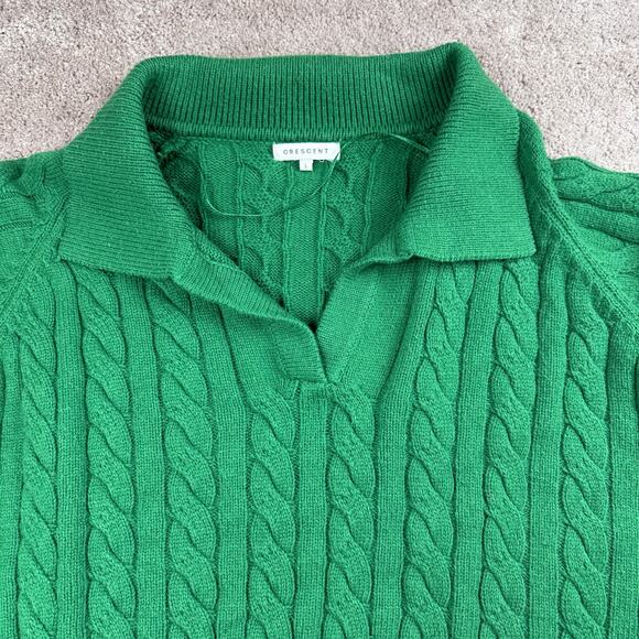 Green Cable Knit Sweater Size L V-neck Collared Cropped Dopamine Bold Bright - Picture 2 of 4